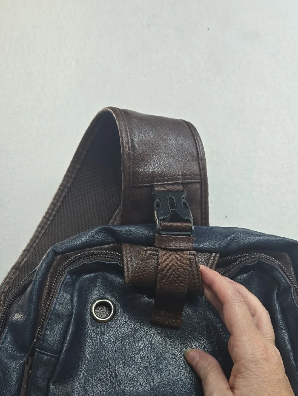 Men's Two-Tone Navy and Brown Sling Backpack